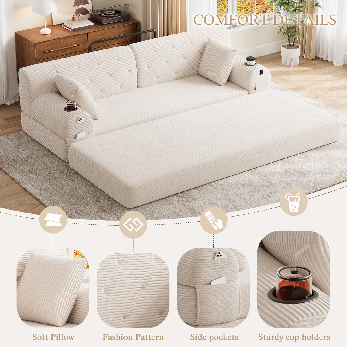 Beige Corduroy 3-Seater Sofa Bed — detail 4