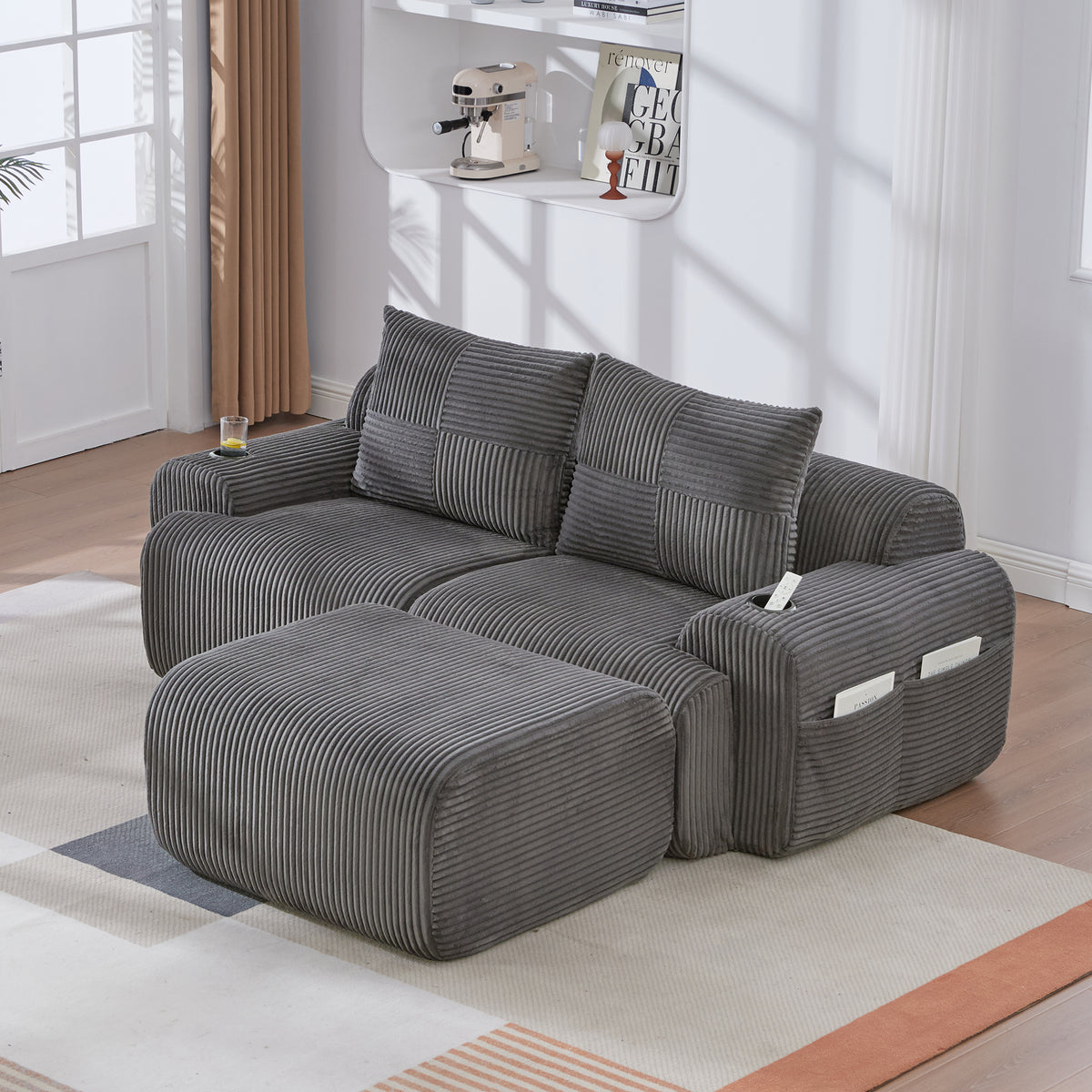 Dark Grey Corduroy 2-Seater Modular Sofa with Ottoman — detail 9
