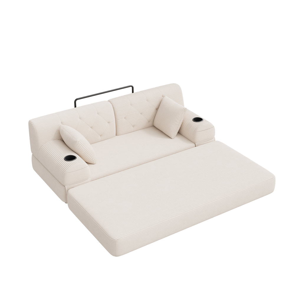 Beige Corduroy 2-Seater Sofa Bed — detail 10