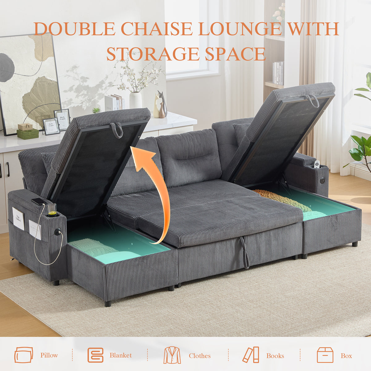 Charcoal grey Oversized Chenille Chaise Lounge with Pillows — detail 5