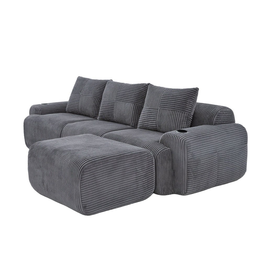 Dark Grey Corduroy 3-Seater Modular Sofa with Ottoman — detail 22