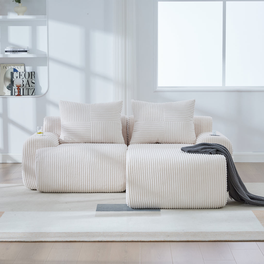 Beige Corduroy 2-Seater Modular Sofa with Ottoman — detail 10