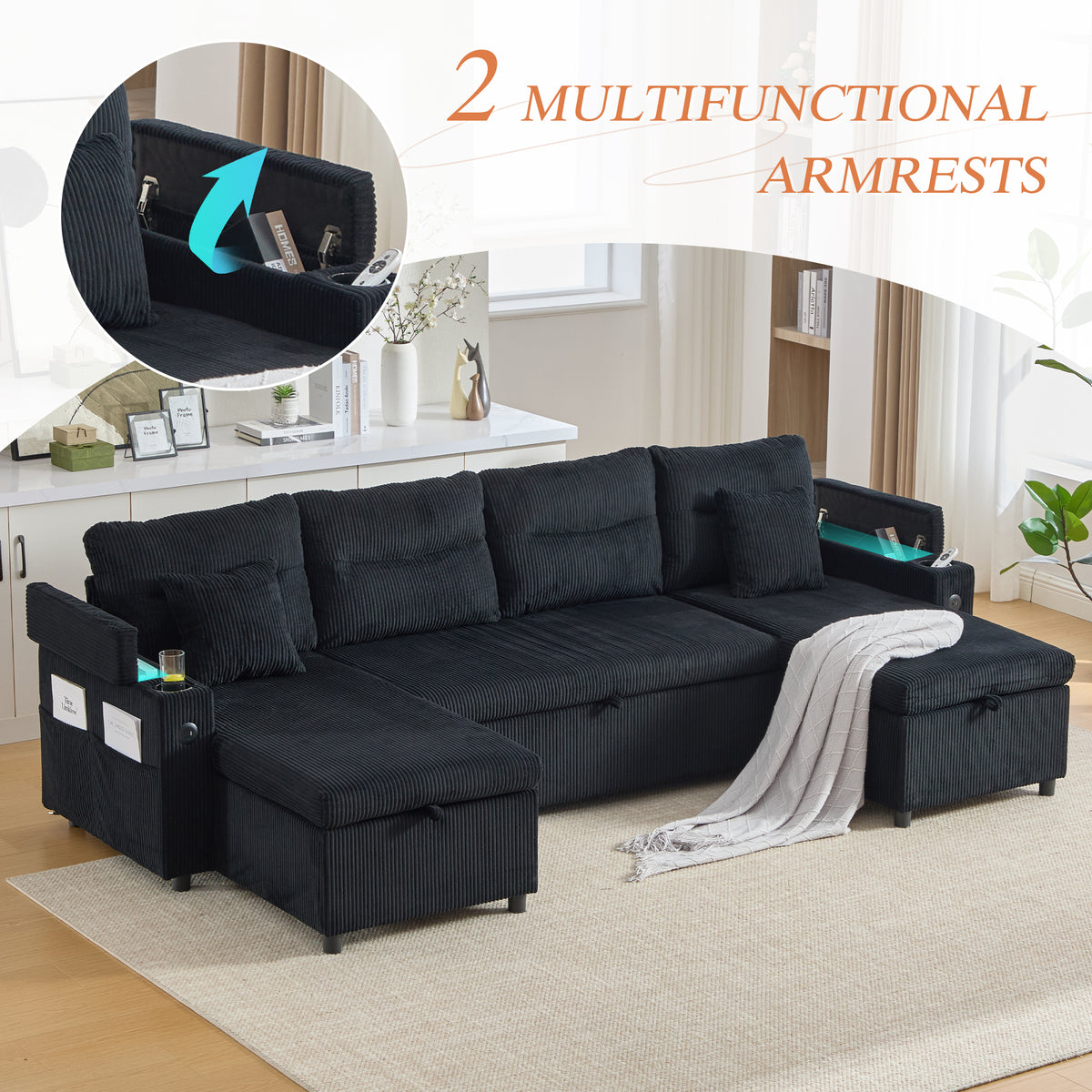 Black Oversized Chenille Chaise Lounge with Pillows — detail 7