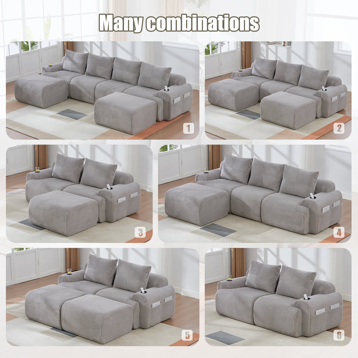 Light Grey Corduroy 4-Seater Modular Sofa with Two Ottomans — detail 5