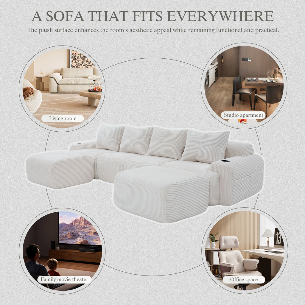 Beige Corduroy 4-Seater Modular Sofa with Two Ottomans — detail 8