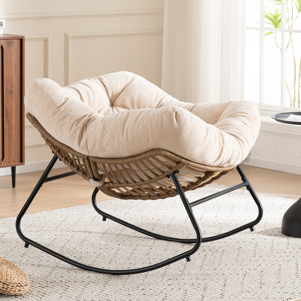 Beige Oversized Rattan Rocking Chair with Cushion — detail 8