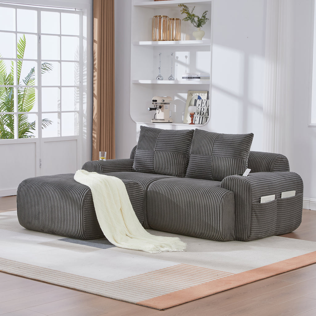 Dark Grey Corduroy 2-Seater Modular Sofa with Ottoman — detail 14