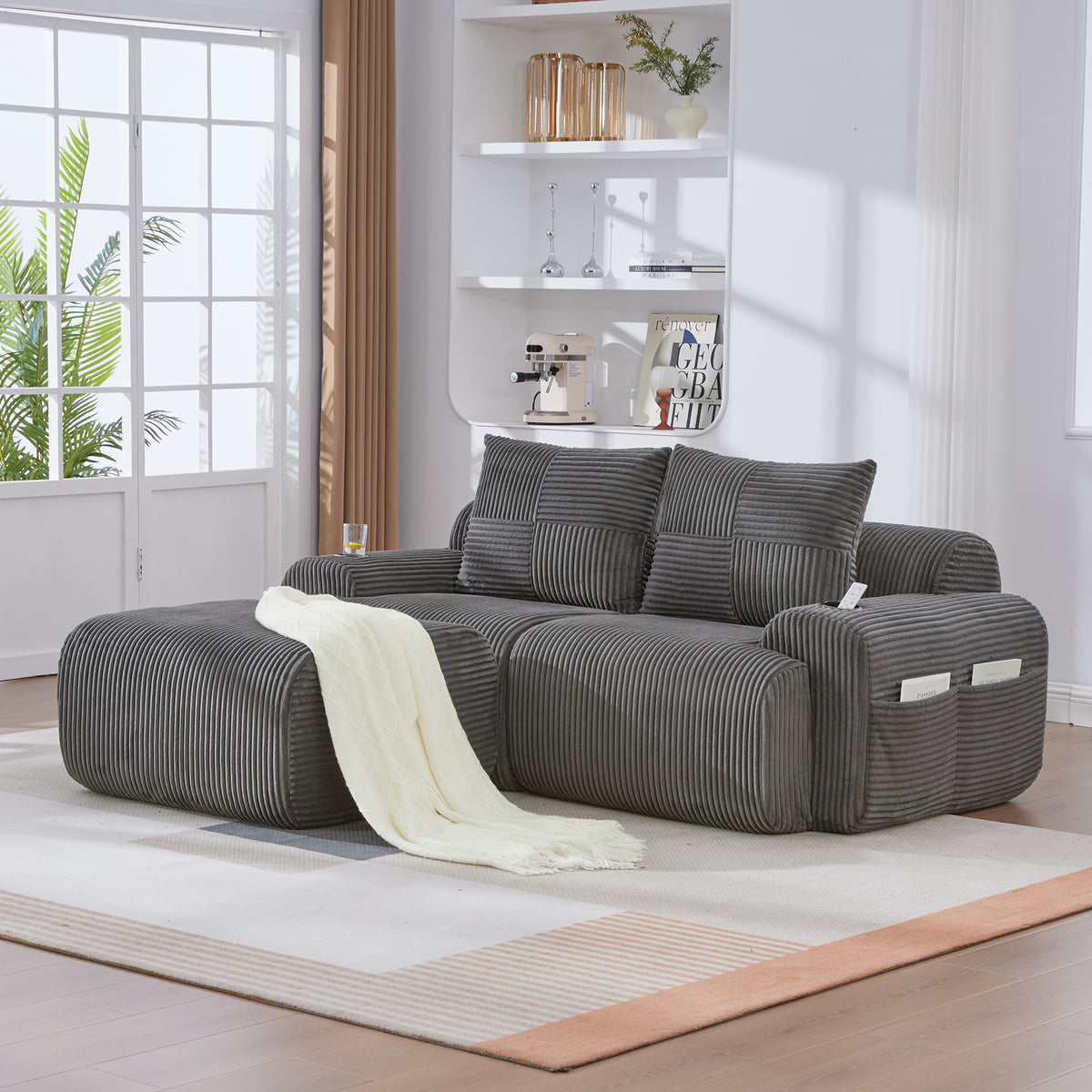 Dark Grey Corduroy 2-Seater Modular Sofa with Ottoman — detail 14