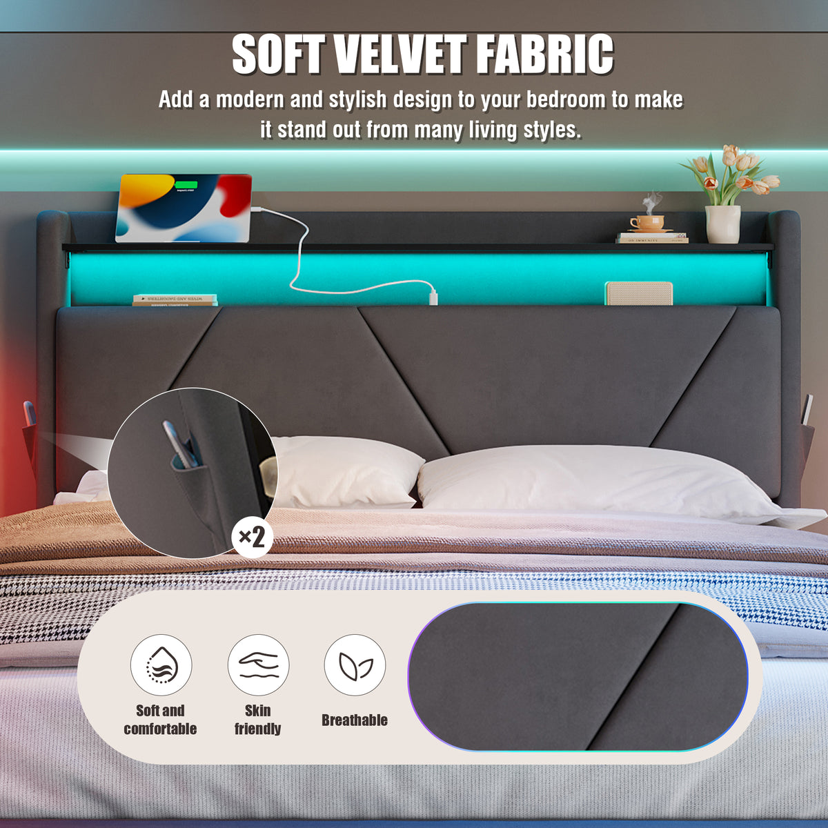 Dark Grey Velvet Storage Bed Frame – 150 × 200 cm — detail 8