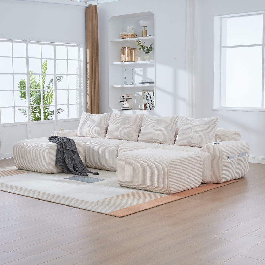 Beige Corduroy 4-Seater Modular Sofa with Two Ottomans — product view