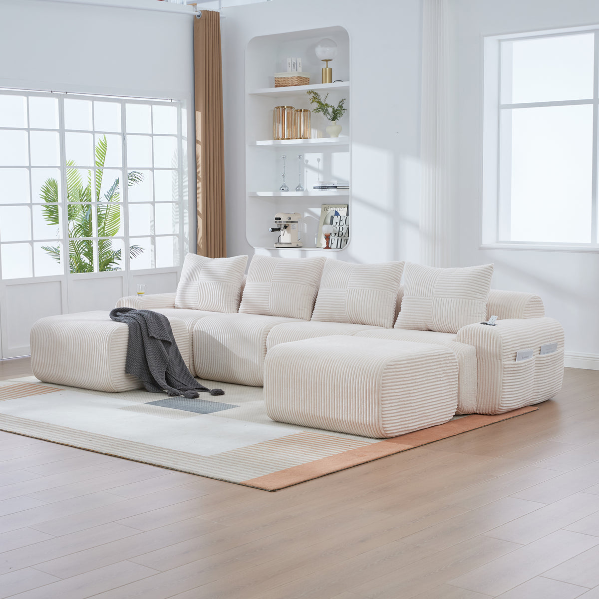 Beige Corduroy 4-Seater Modular Sofa with Two Ottomans — product view