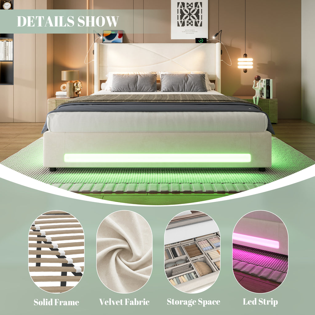Beige Velvet Storage Bed Frame – 150 × 200 cm — detail 9