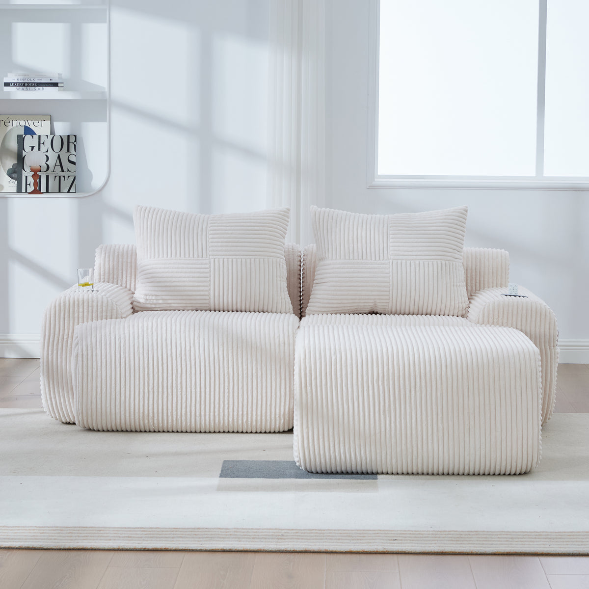 Beige Corduroy 2-Seater Modular Sofa with Ottoman — detail 11