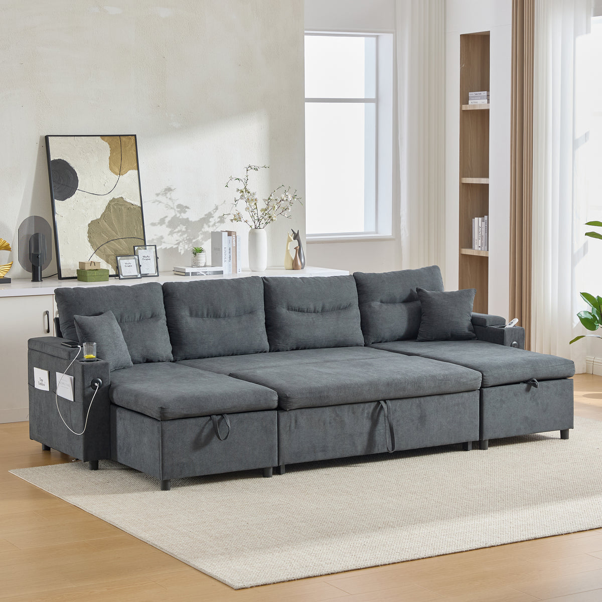 Dark Grey Oversized Chenille Chaise Lounge with Pillows — detail 4