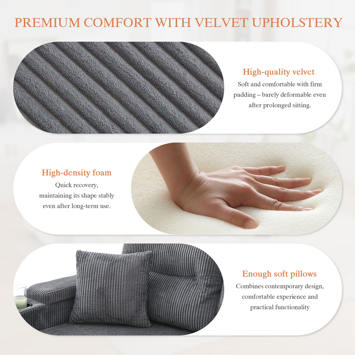 Charcoal grey Oversized Chenille Chaise Lounge with Pillows — detail 10