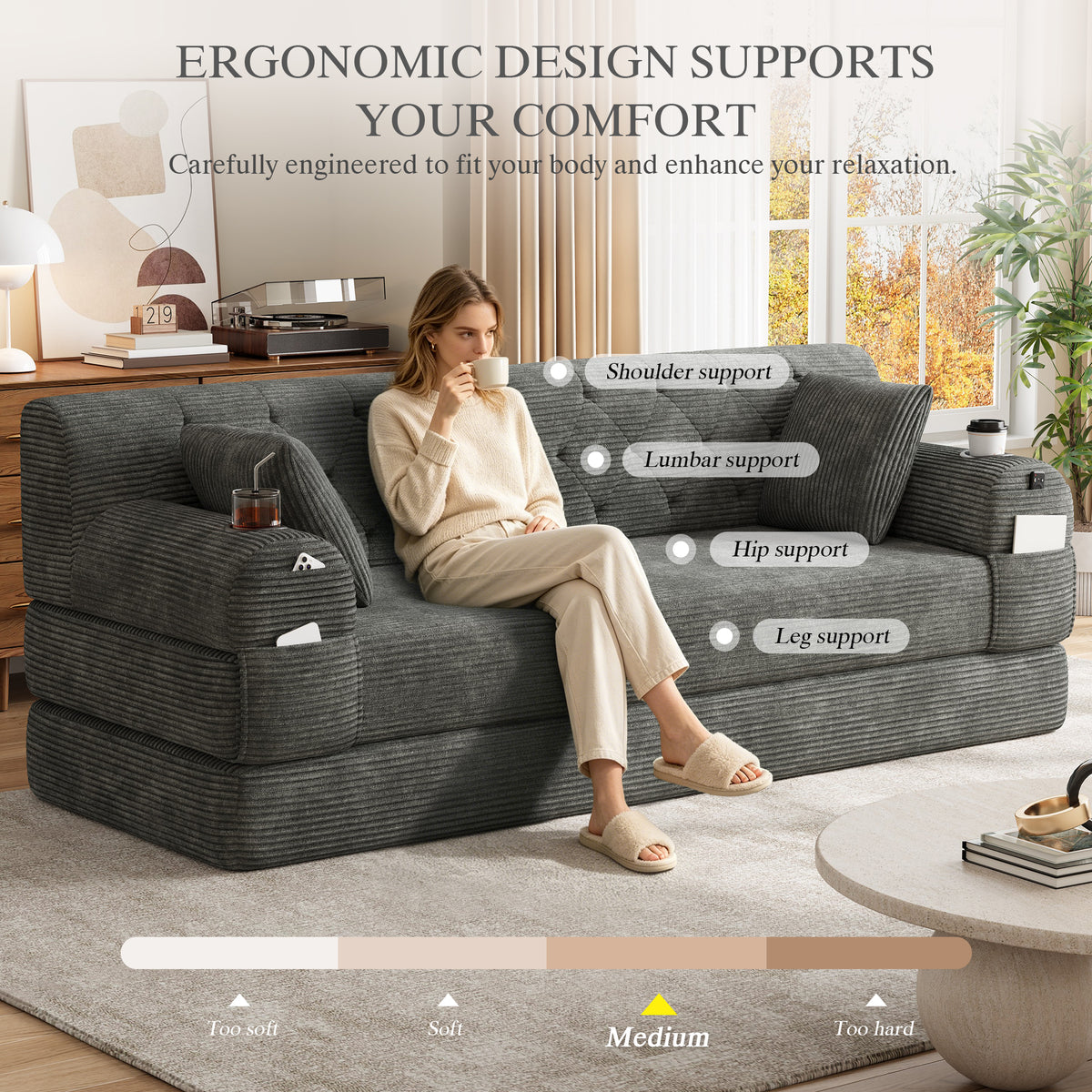 Dark Grey Corduroy 3-Seater Sofa Bed — detail 6