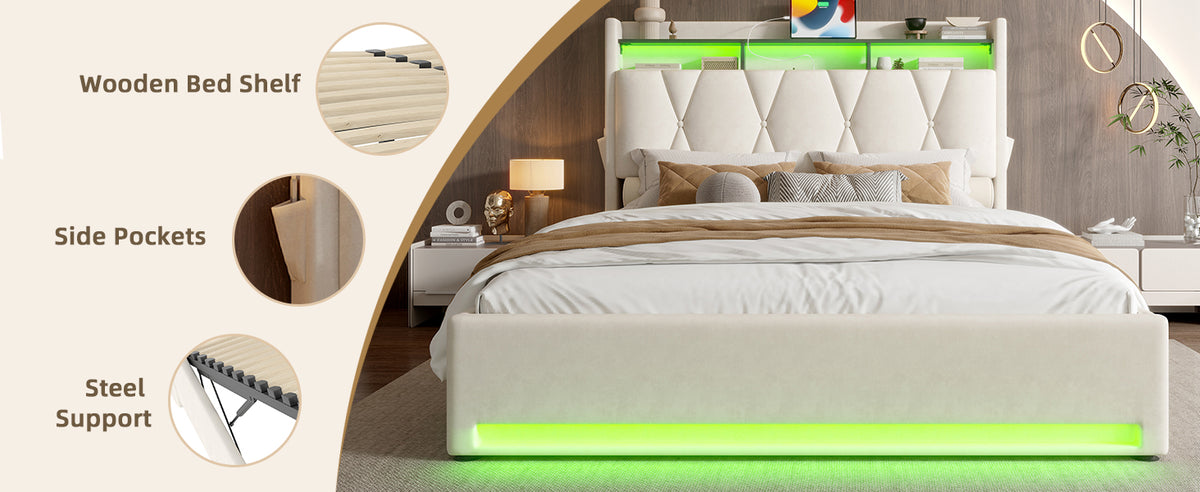 Beige Velvet Storage Bed Frame – 150 × 200 cm — detail 10