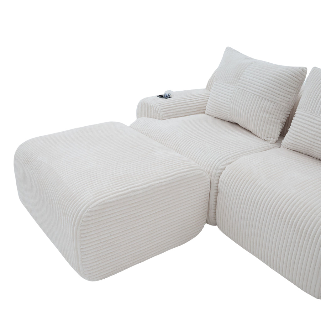 Beige Corduroy 3-Seater Modular Sofa with Ottoman — detail 23
