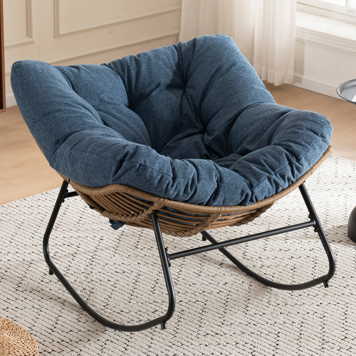 Blue Oversized Rattan Rocking Chair with Cushion — product view
