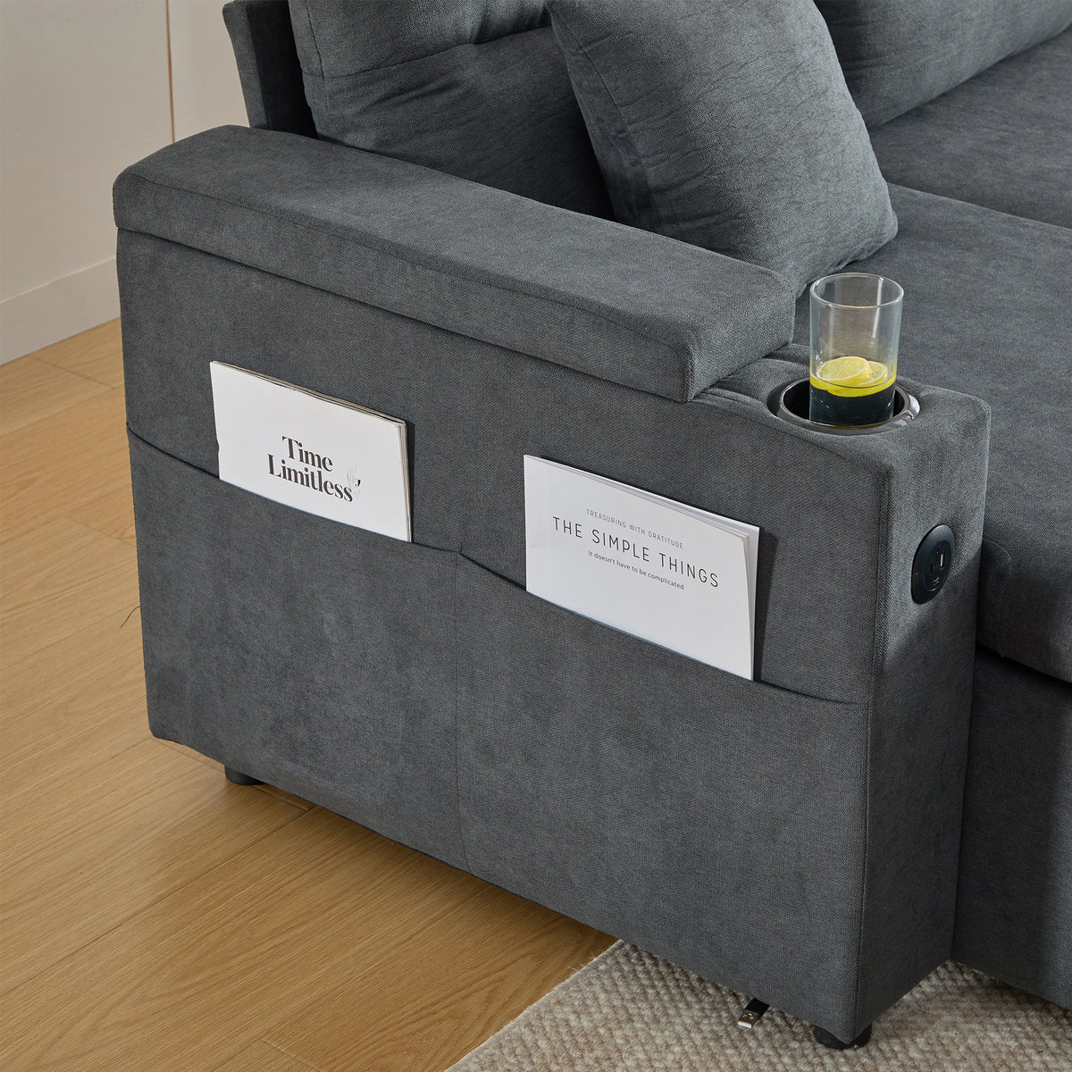 Dark Grey Oversized Chenille Chaise Lounge with Pillows — detail 17