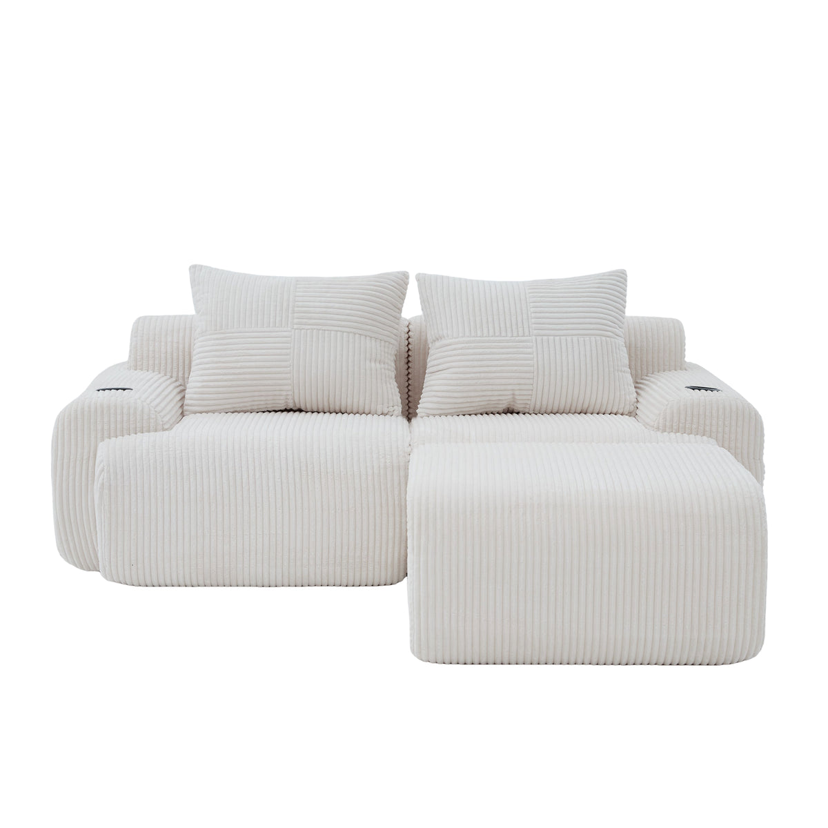 Beige Corduroy 2-Seater Modular Sofa with Ottoman — detail 18