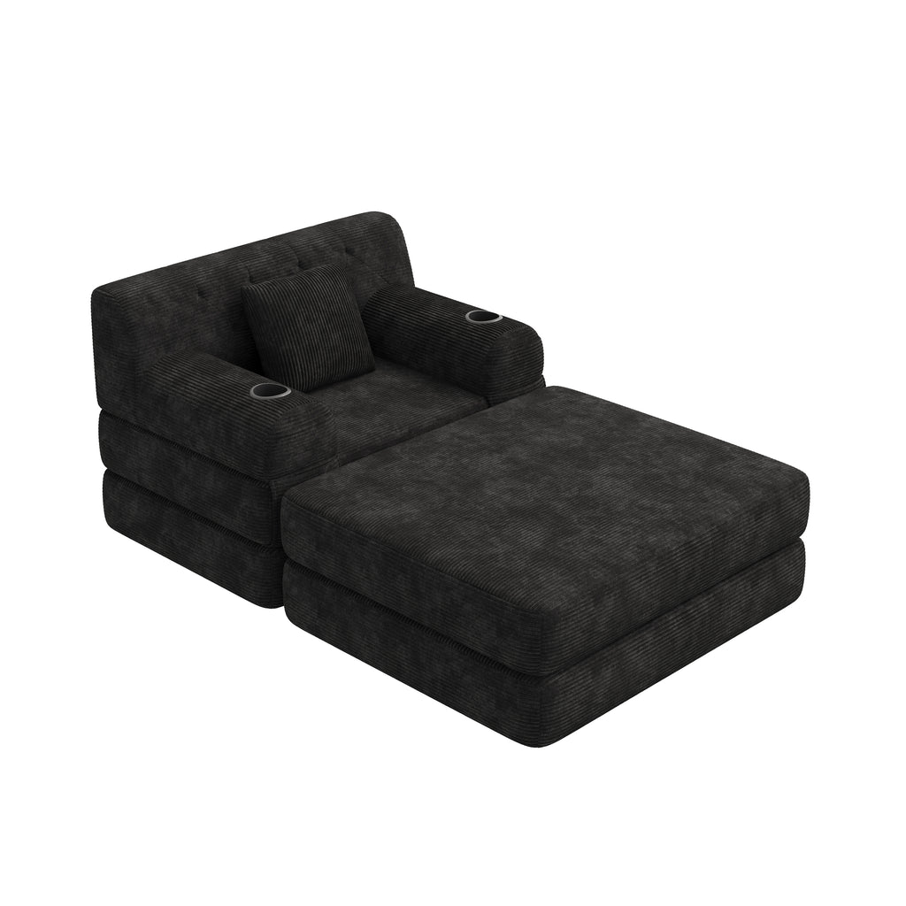 Black Corduroy Sleeper Chair with Ottoman — detail 10