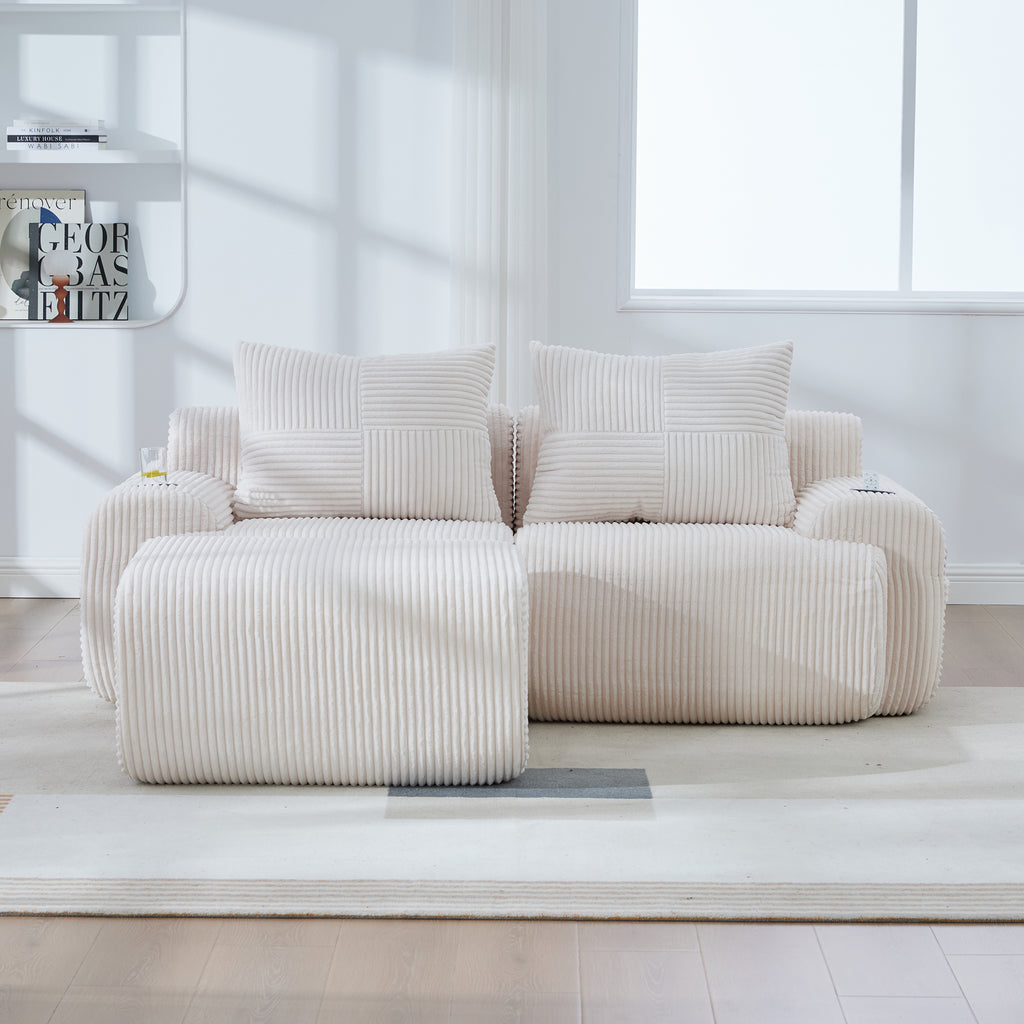 Beige Corduroy 2-Seater Modular Sofa with Ottoman — detail 17