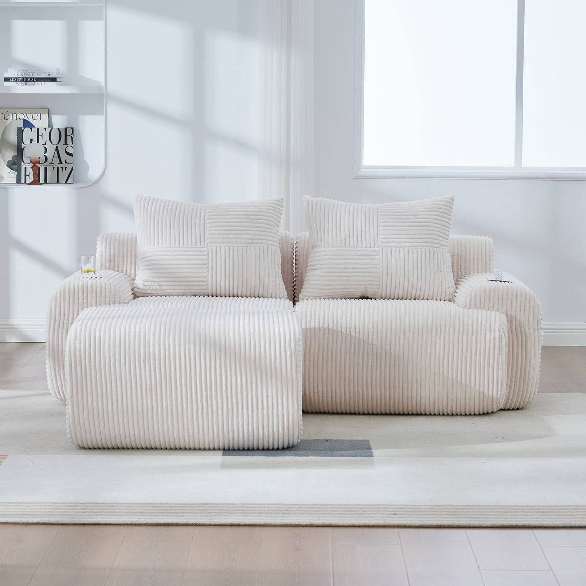 Beige Corduroy 2-Seater Modular Sofa with Ottoman — detail 17