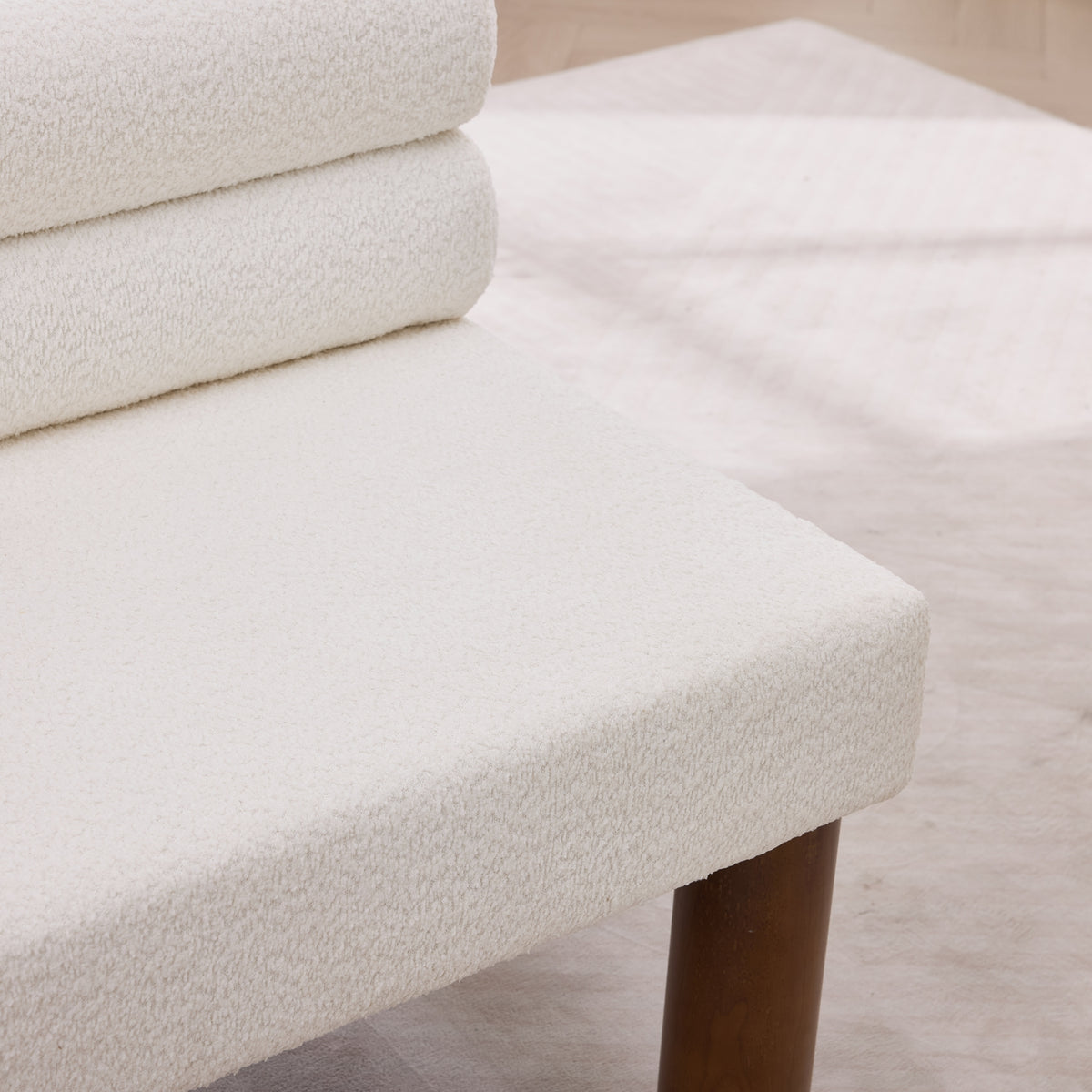 White Bouclé Upholstered Bench with Backrest — detail 5