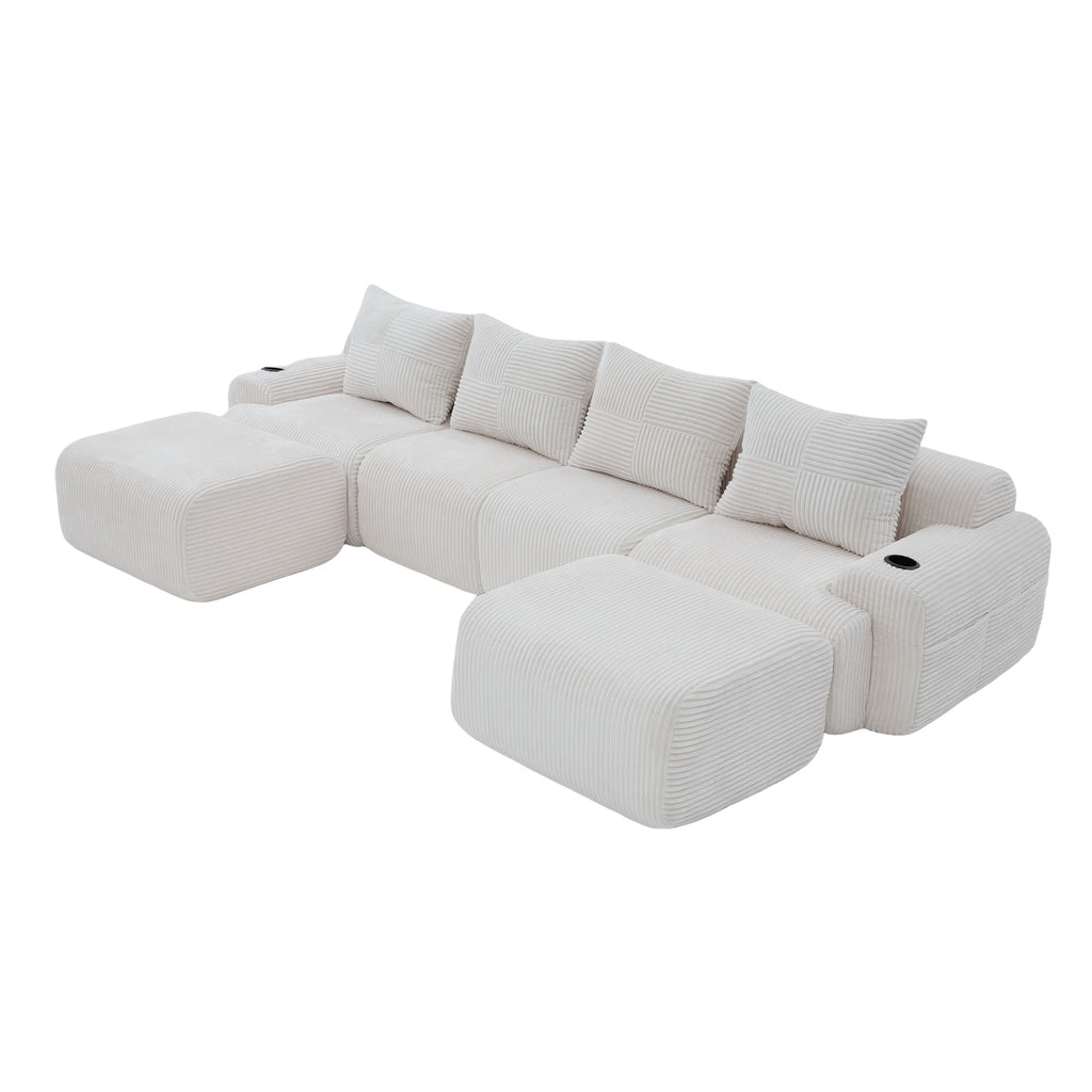 Beige Corduroy 4-Seater Modular Sofa with Two Ottomans — detail 21