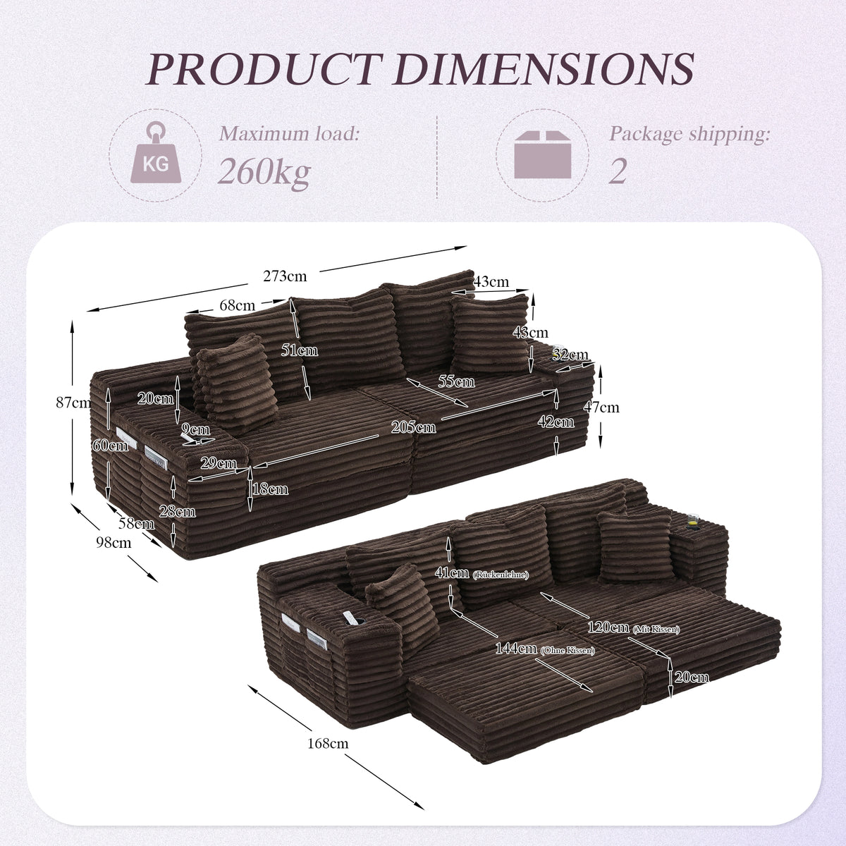 Coffee Corduroy Sofa Bed — detail 2