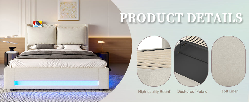 Beige Linen Storage Bed Frame – 150 × 200 cm — detail 12