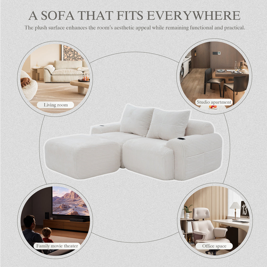 Beige Corduroy 2-Seater Modular Sofa with Ottoman — detail 7