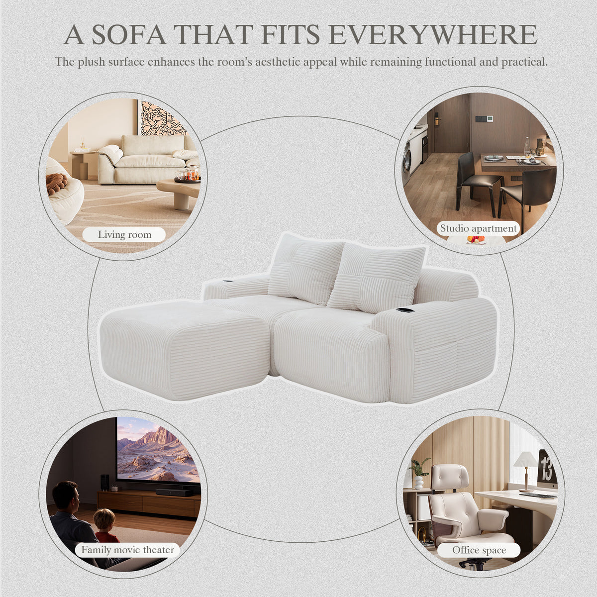 Beige Corduroy 2-Seater Modular Sofa with Ottoman — detail 7