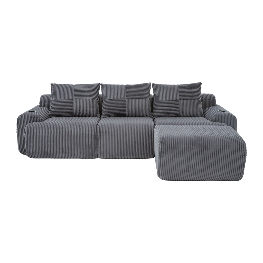 Dark Grey Corduroy 3-Seater Modular Sofa with Ottoman — detail 21
