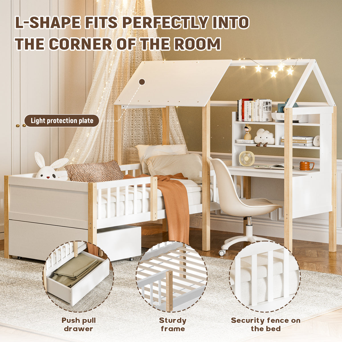 White Wooden House Bed with Desk and Storage – 90 × 190 cm — detail 3
