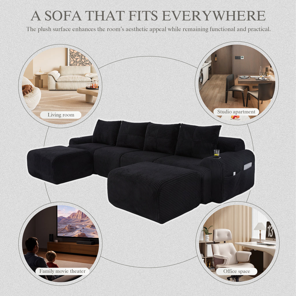 Black Corduroy 4-Seater Modular Sofa with Two Ottomans — detail 8