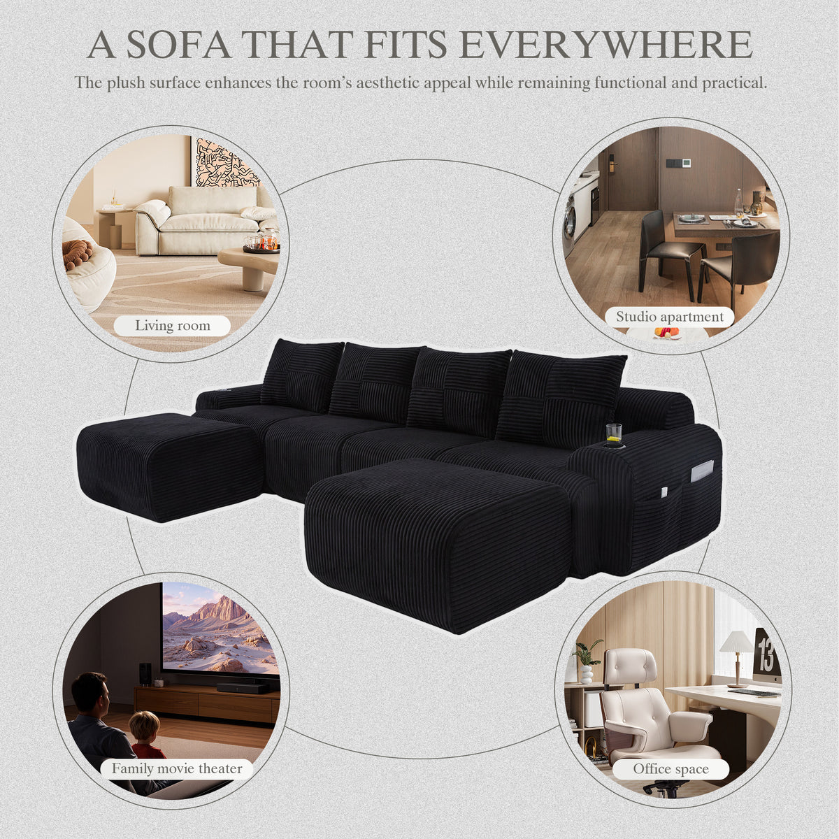 Black Corduroy 4-Seater Modular Sofa with Two Ottomans — detail 8