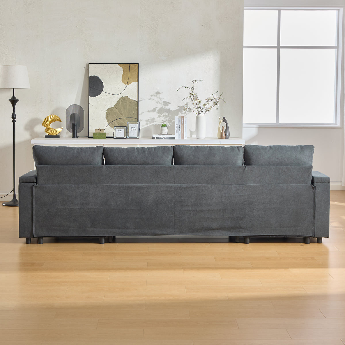 Dark Grey Oversized Chenille Chaise Lounge with Pillows — detail 13