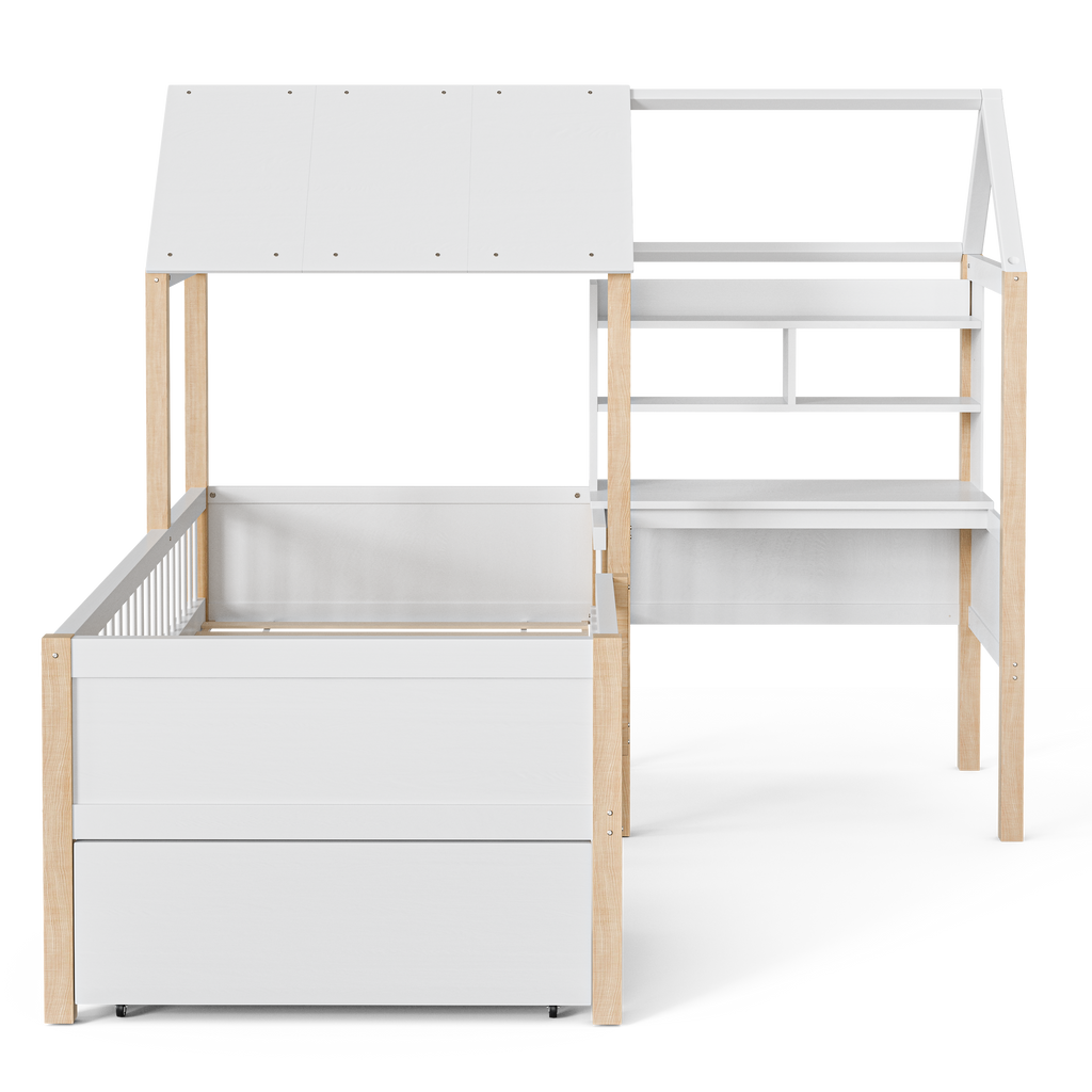 White Wooden House Bed with Desk and Storage – 90 × 190 cm — detail 21