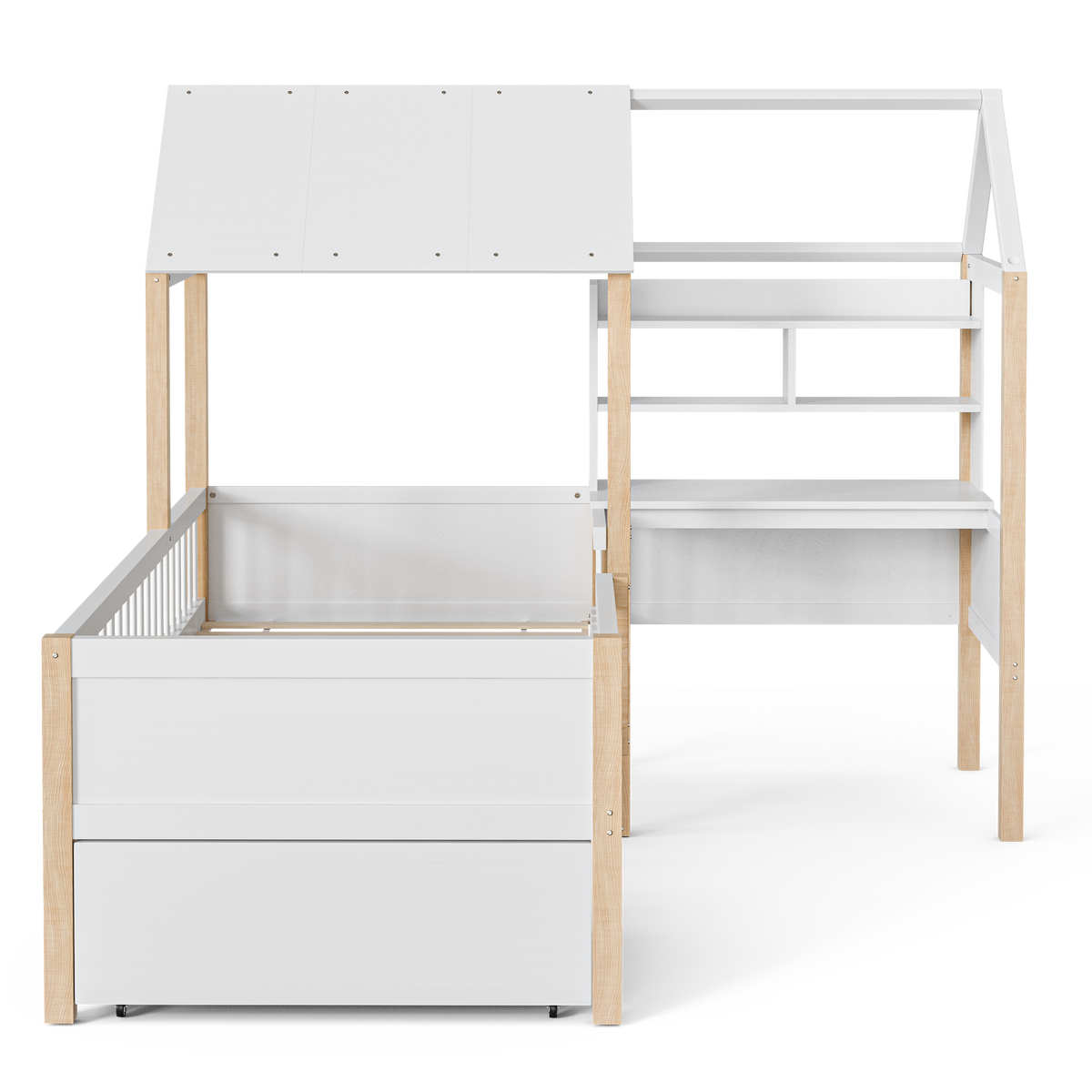 White Wooden House Bed with Desk and Storage – 90 × 190 cm — detail 21
