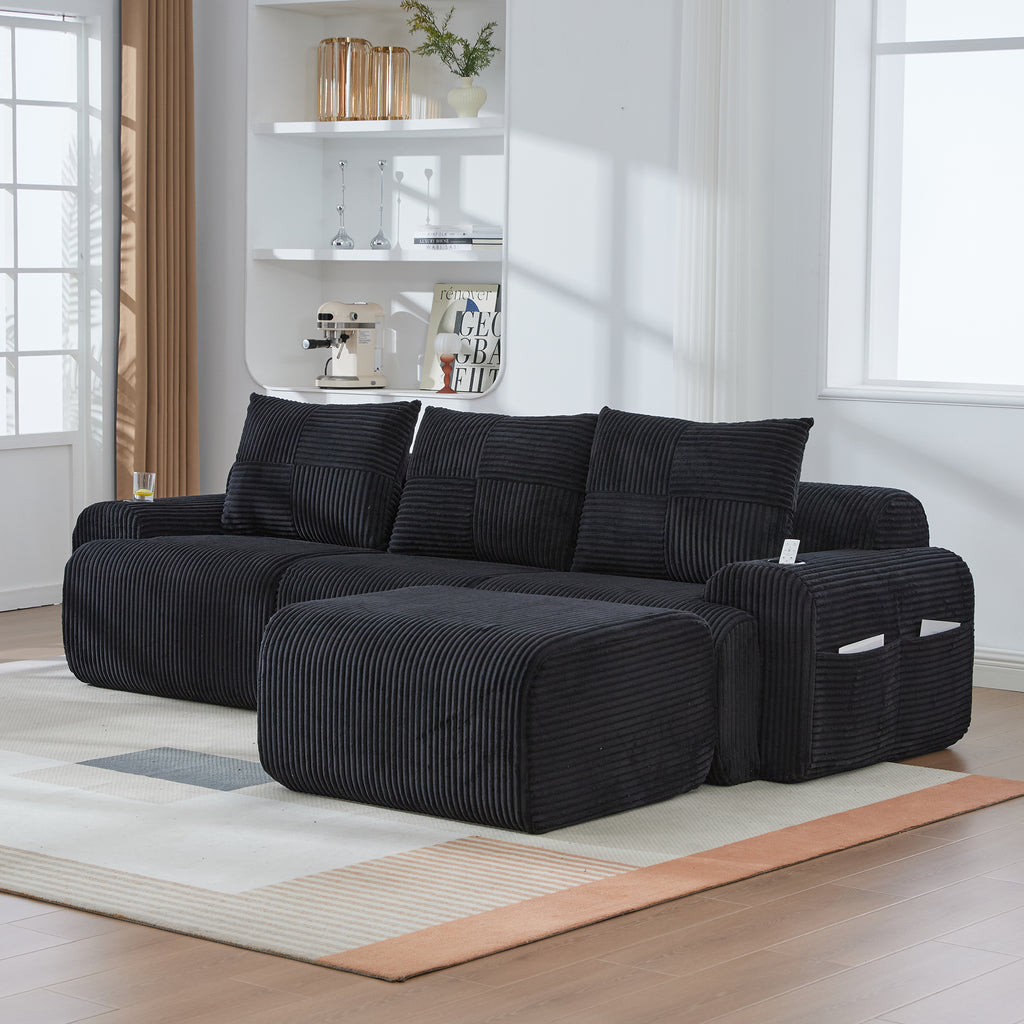 Black Corduroy 3-Seater Modular Sofa with Ottoman — detail 11