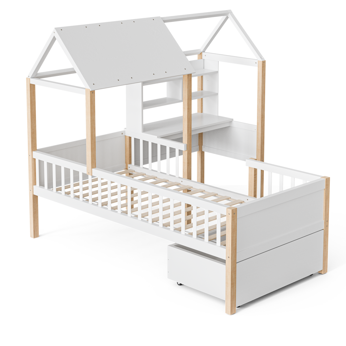 White Wooden House Bed with Desk and Storage – 90 × 190 cm — detail 19
