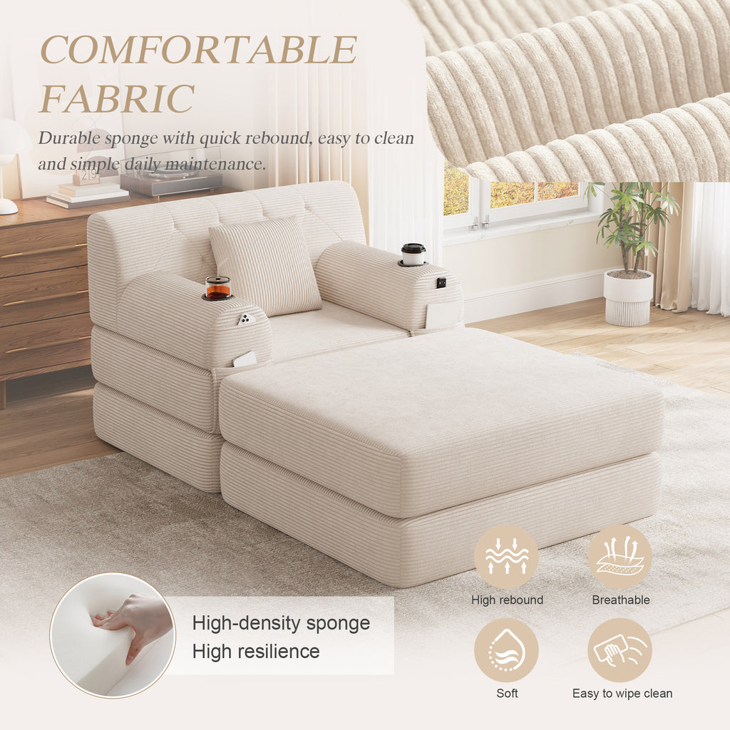 Beige Corduroy Sleeper Chair with Ottoman — detail 6