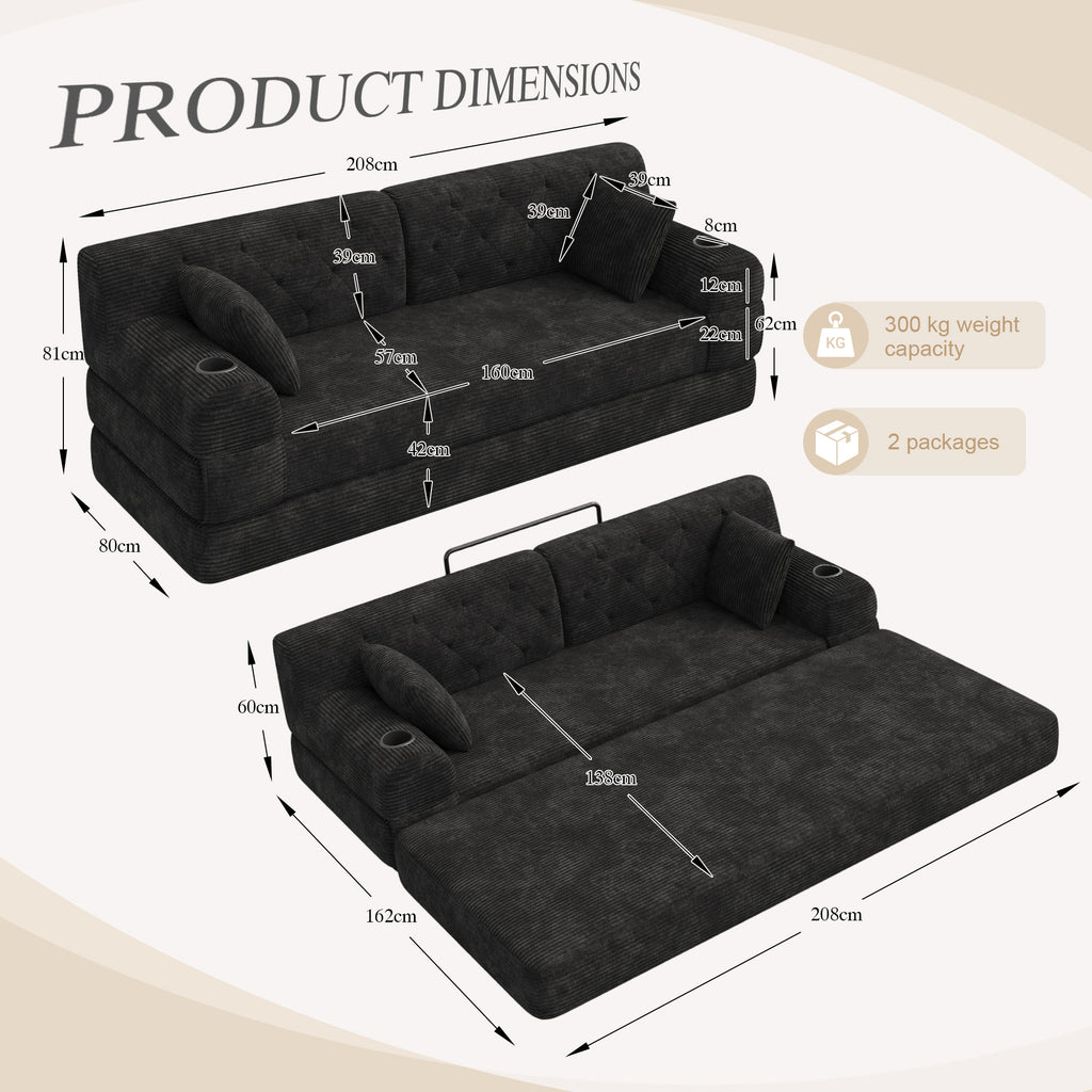 Black Corduroy 3-Seater Sofa Bed — detail 2