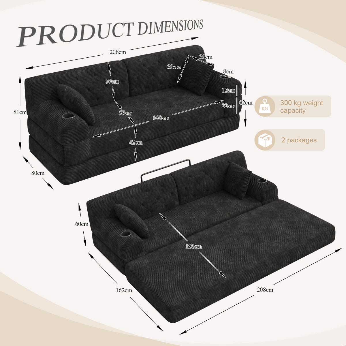 Black Corduroy 3-Seater Sofa Bed — detail 2
