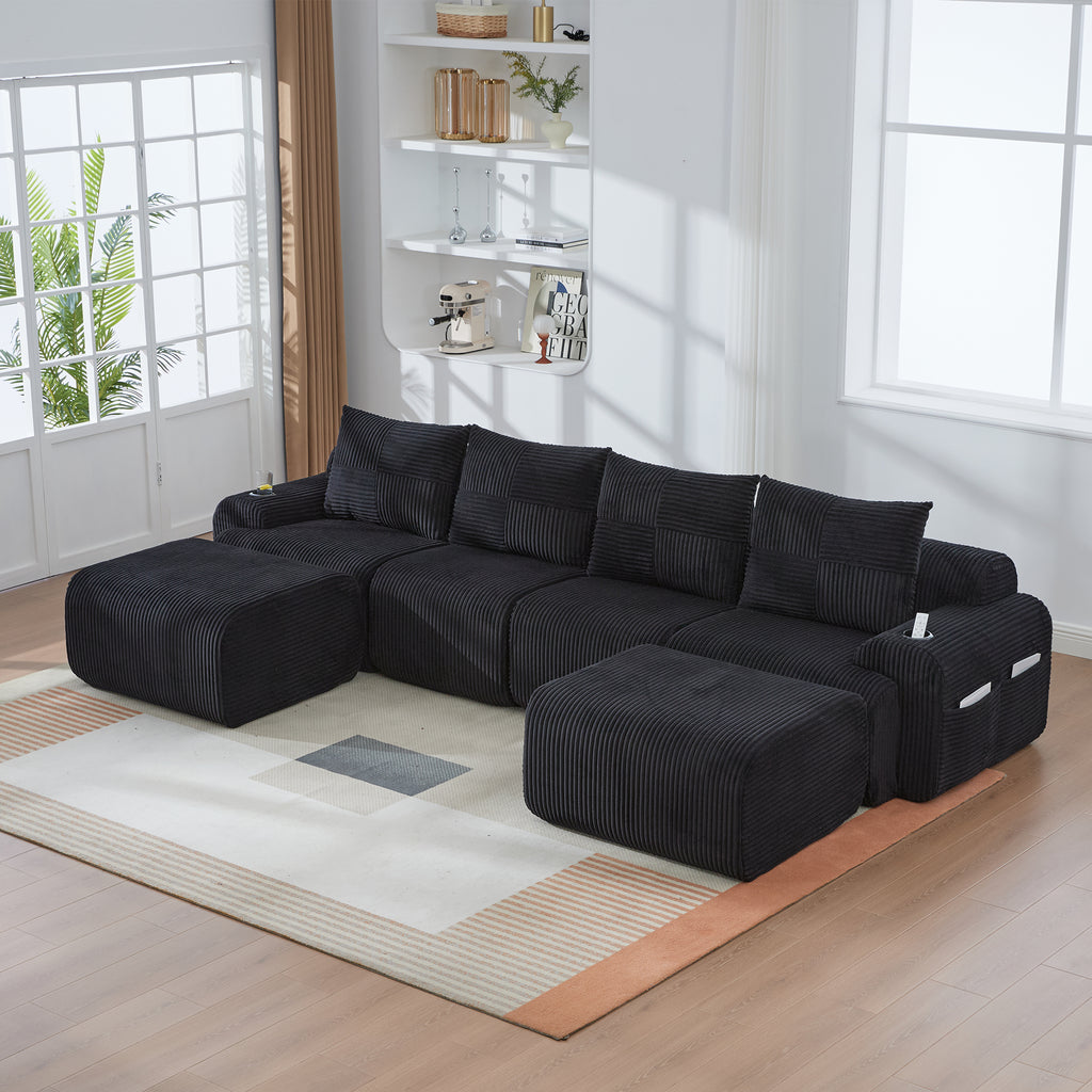 Black Corduroy 4-Seater Modular Sofa with Two Ottomans — detail 11