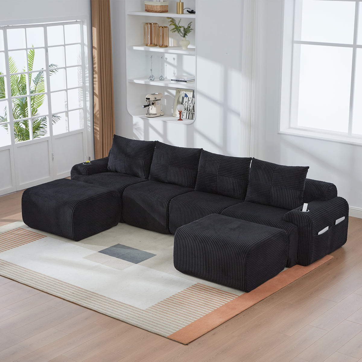 Black Corduroy 4-Seater Modular Sofa with Two Ottomans — detail 11