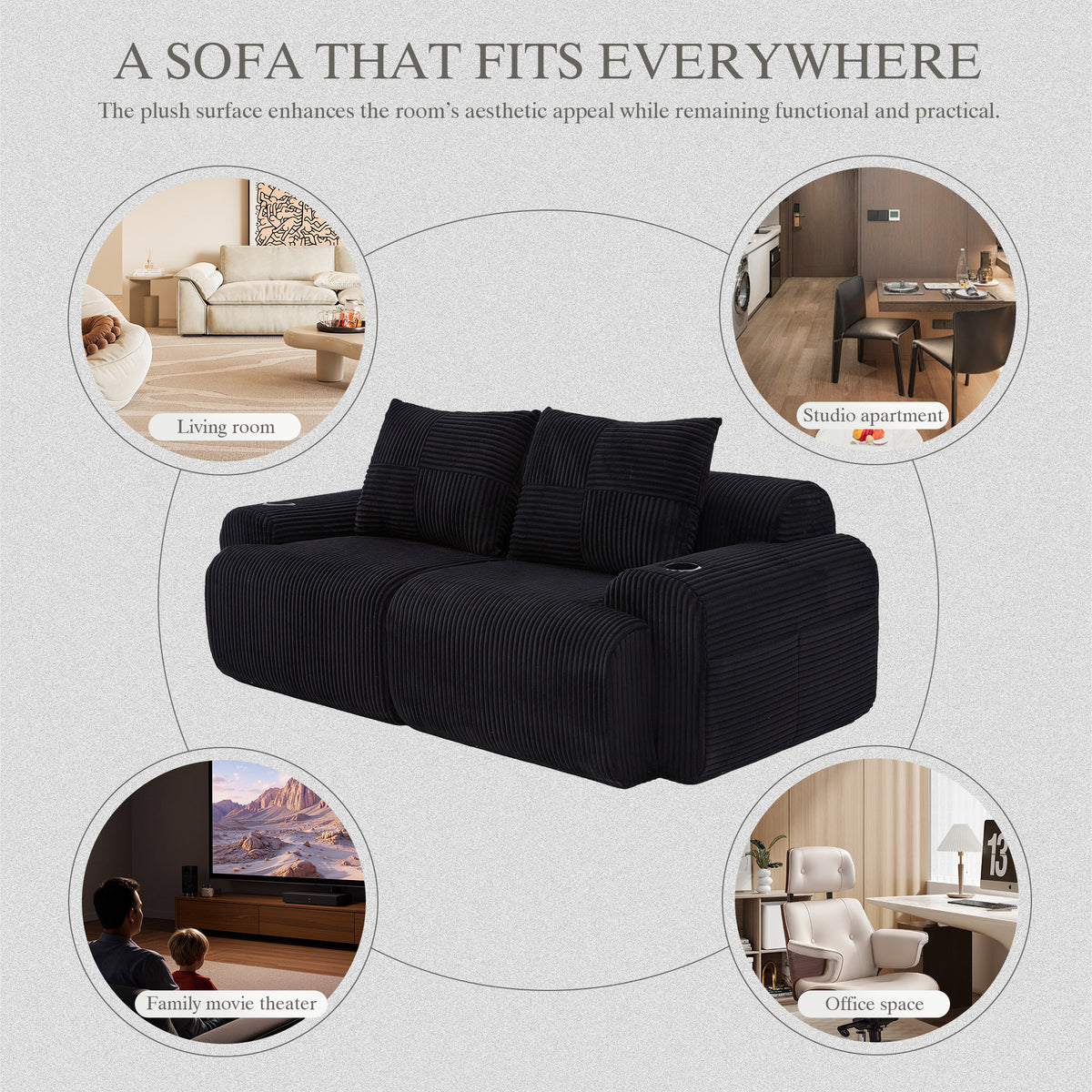 Black Corduroy 2-Seater Modular Sofa — detail 8