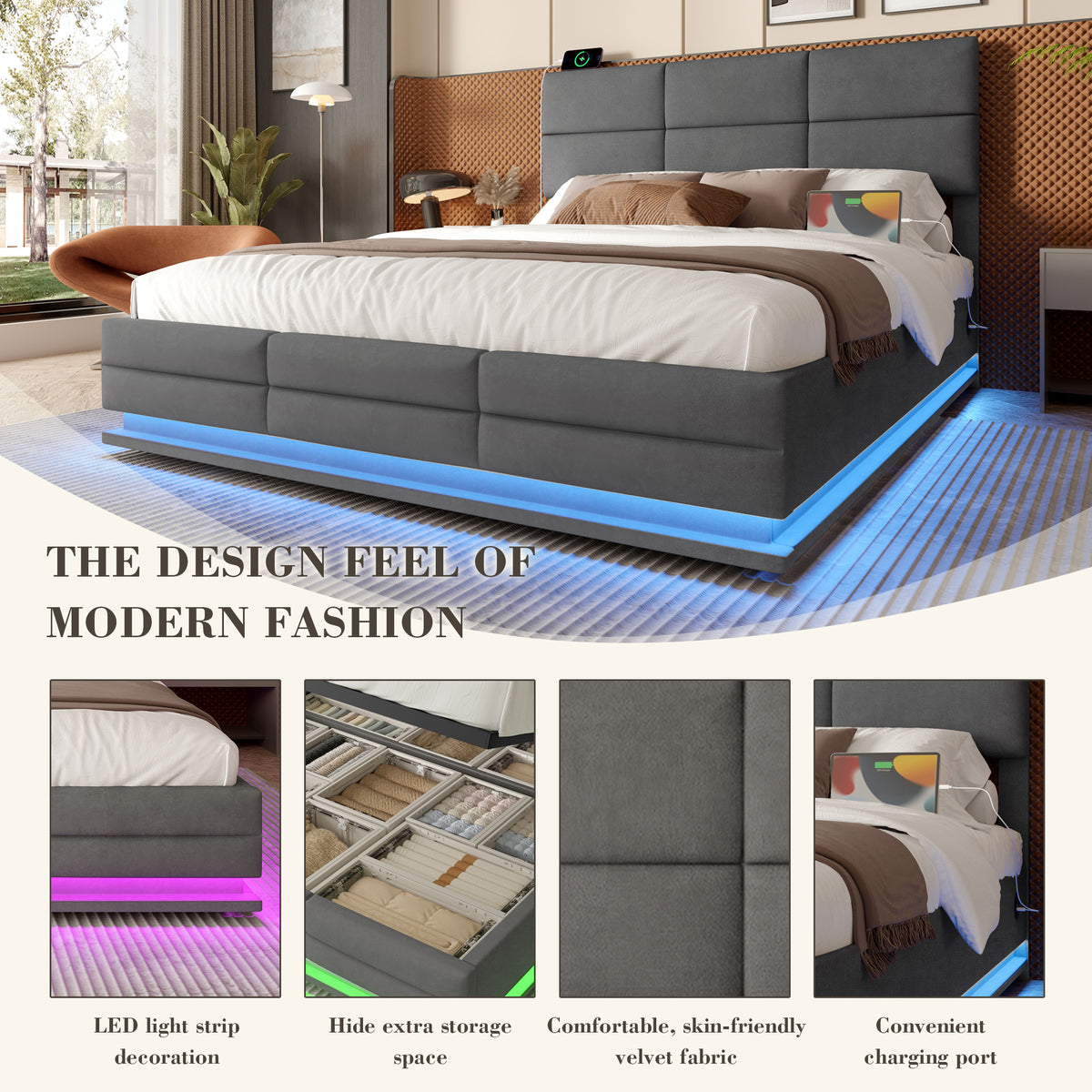 Dark Grey Velvet Storage Bed Frame – 150 × 200 cm — detail 5